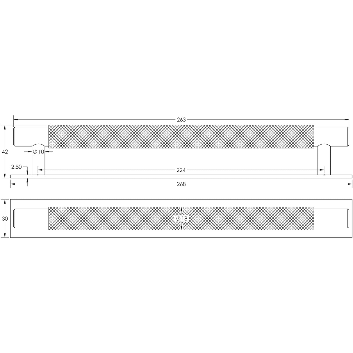 Technical drawing of of Hoxton - Taplow Cabinet Handles 224mm Ctrs Plain Backplate Matt Black Sku. HOX-2060MB-5060MB