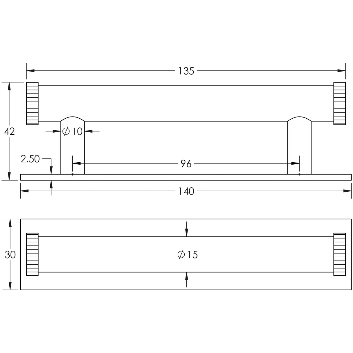 Technical drawing of of Hoxton - Thaxted Cabinet Handles 96mm Ctrs Plain Backplate Antique Brass Sku. HOX-250AB-5050AB