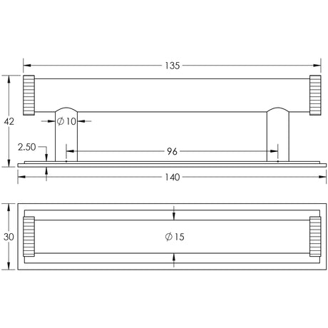 Technical drawing of of Hoxton - Thaxted Cabinet Handles 96mm Ctrs Stepped Backplate Matt Black Sku. HOX-250MB-6050MB