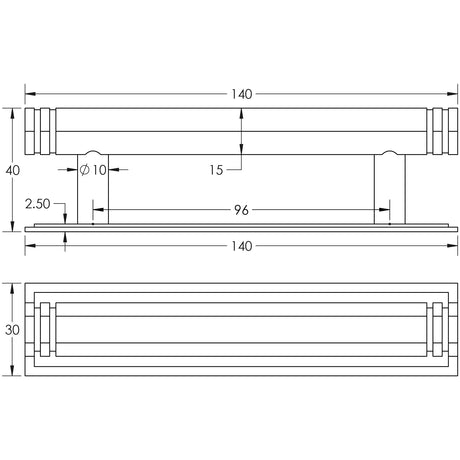 Technical drawing of of Hoxton - Nile Cabinet Handles 96mm Ctrs Stepped Backplate Black Sku. HOX-350MB-6050MB