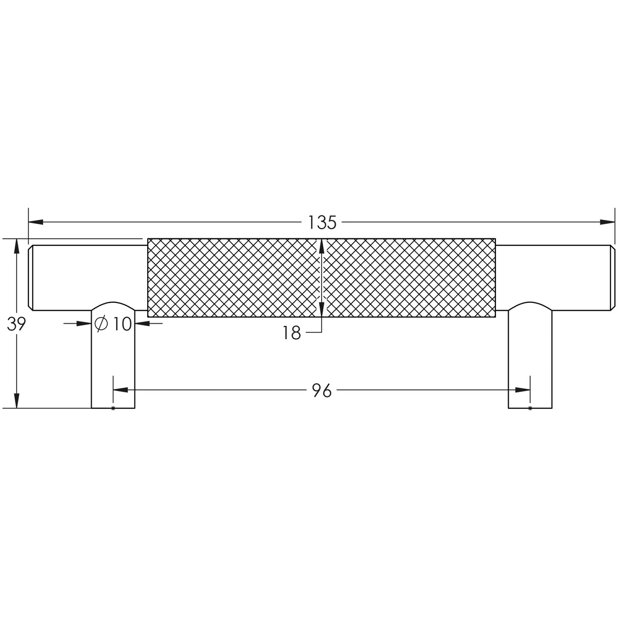 Technical drawing of of Hoxton - Taplow Cabinet Handles 96mm Ctrs Black Sku. HOX2050MB