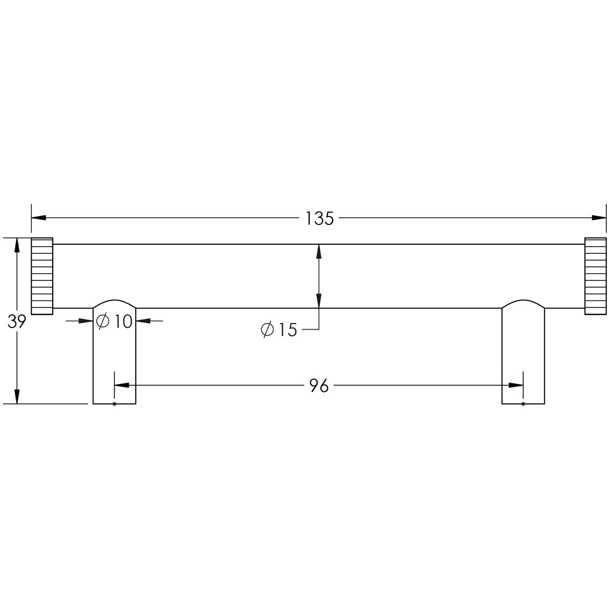 Technical drawing of of Hoxton - Thaxted Cabinet Handles 96mm Ctrs Black Sku. HOX250MB