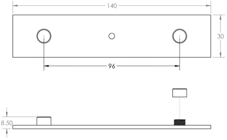 Technical drawing of of Hoxton - Fanshaw Backplate for Cupboard Knobs 140x30mm Antique Brass Sku. HOX5090AB