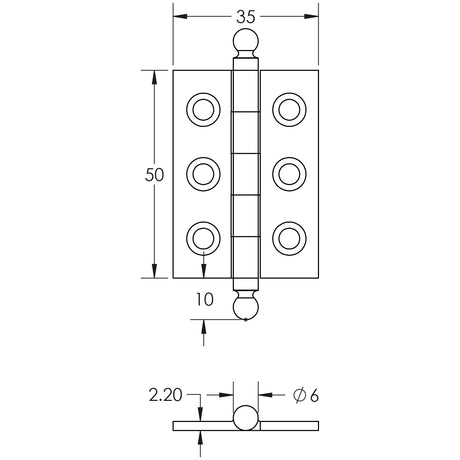 Technical drawing of of Hoxton - Brass Finial Hinges 50x35mm Black Sku. HOX800MB