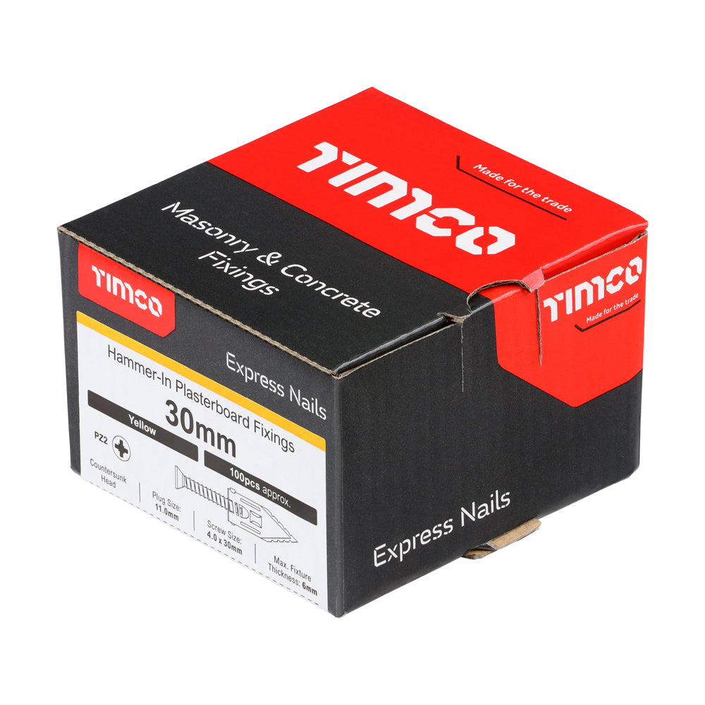 This is an image of Timco - Hammer-In Fixings - PZ - Yellow 4 x 30mm - (100 PCS Box) HPF30