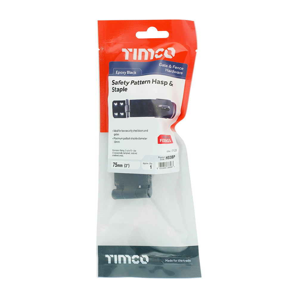 This is an image of Timco - Safety Pattern Hasp & Staple - Black 3" (1 Each TIMpac) HS3BP