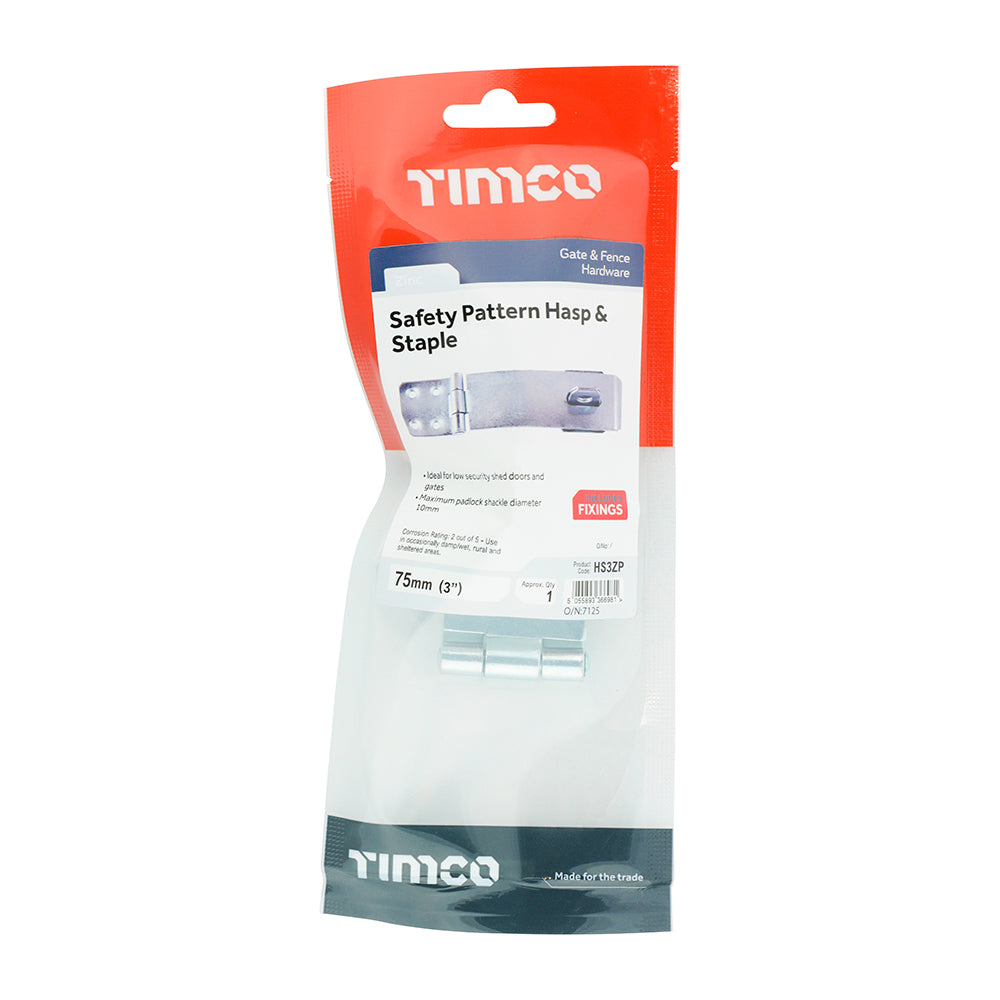 This is an image of Timco - Safety Pattern Hasp & Staple - Zinc 3" (1 Each TIMpac) HS3ZP