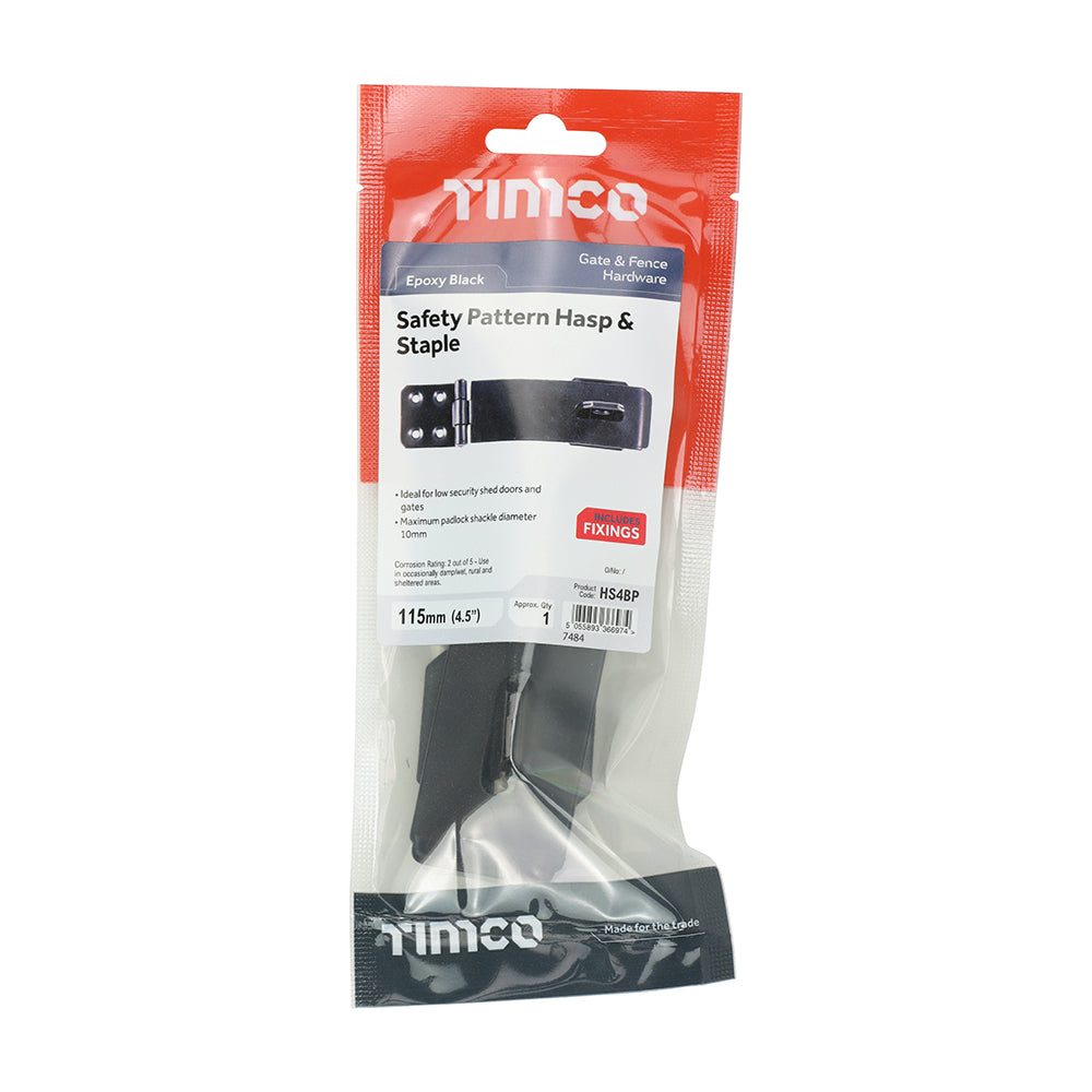This is an image of Timco - Safety Pattern Hasp & Staple - Black 4 1/2" (1 Each TIMpac) HS4BP