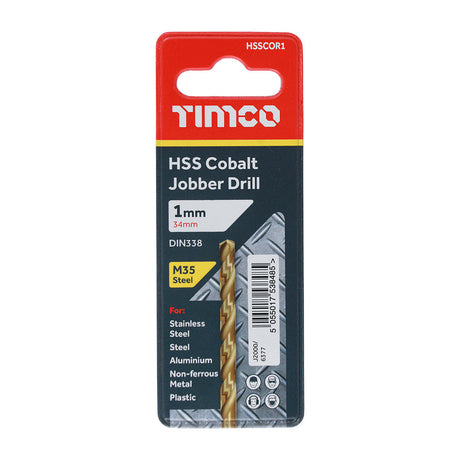 This is an image of Timco - Ground Jobber Drills - Cobalt M35 1.0mm (1 Each Wallet) HSSCOR1