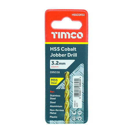 This is an image of Timco - Ground Jobber Drills - Cobalt M35 3.2mm (1 Each Wallet) HSSCOR32