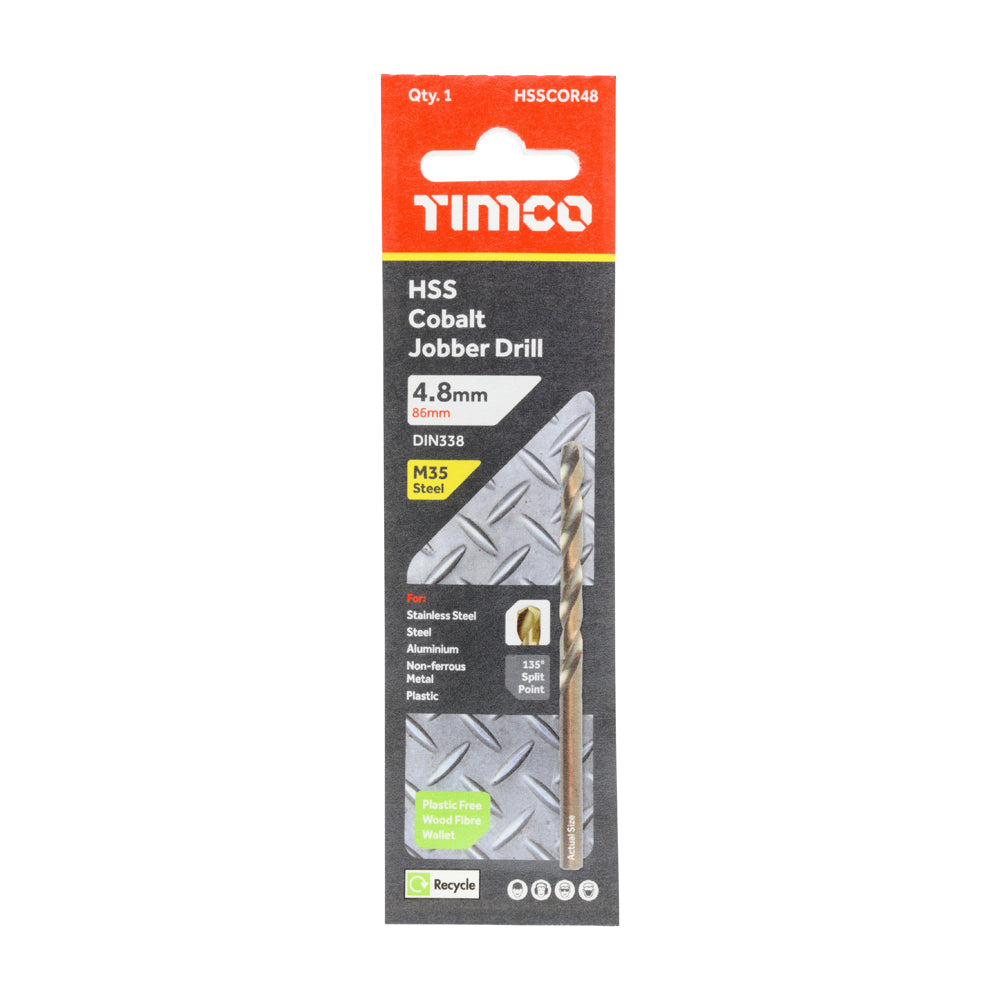 This is an image of Timco - Ground Jobber Drills - Cobalt M35 4.8mm (1 Each Wallet) HSSCOR48