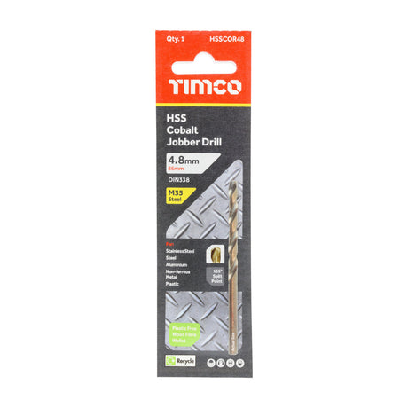 This is an image of Timco - Ground Jobber Drills - Cobalt M35 4.8mm (1 Each Wallet) HSSCOR48