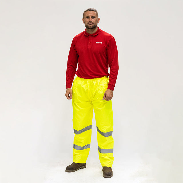 This is an image of Timco - Hi-Visibility Elasticated Waist Trousers - Yellow XXX Large (1 Each Bag) HVETRS3XL
