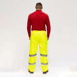 This is an image of Timco - Hi-Visibility Elasticated Waist Trousers - Yellow Medium (1 Each Bag) HVETRSMED