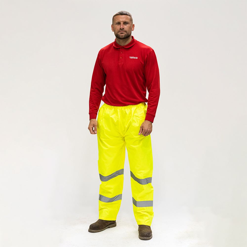 This is an image of Timco - Hi-Visibility Elasticated Waist Trousers - Yellow X Large (1 Each Bag) HVETRSXL