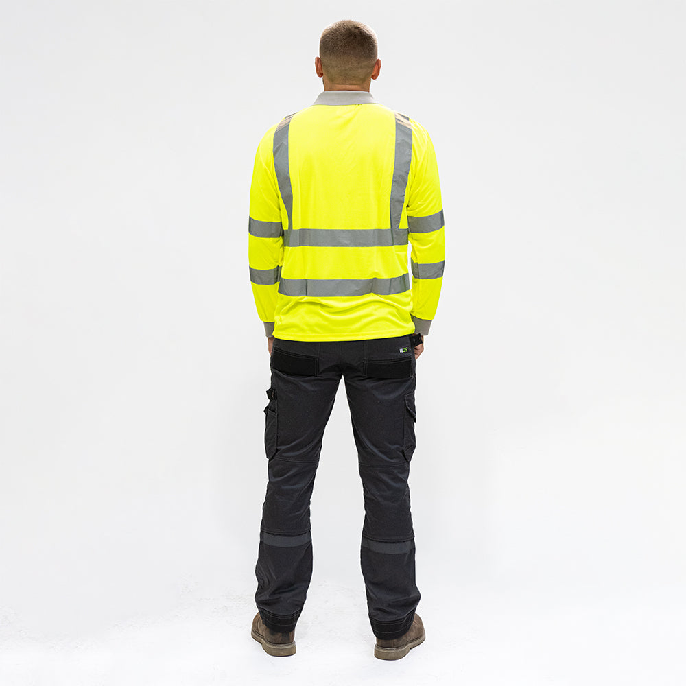 This is an image of Timco - Hi-Visibility Polo Shirt - Long Sleeve - Yellow Large (1 Each Bag) HVLSPLRG