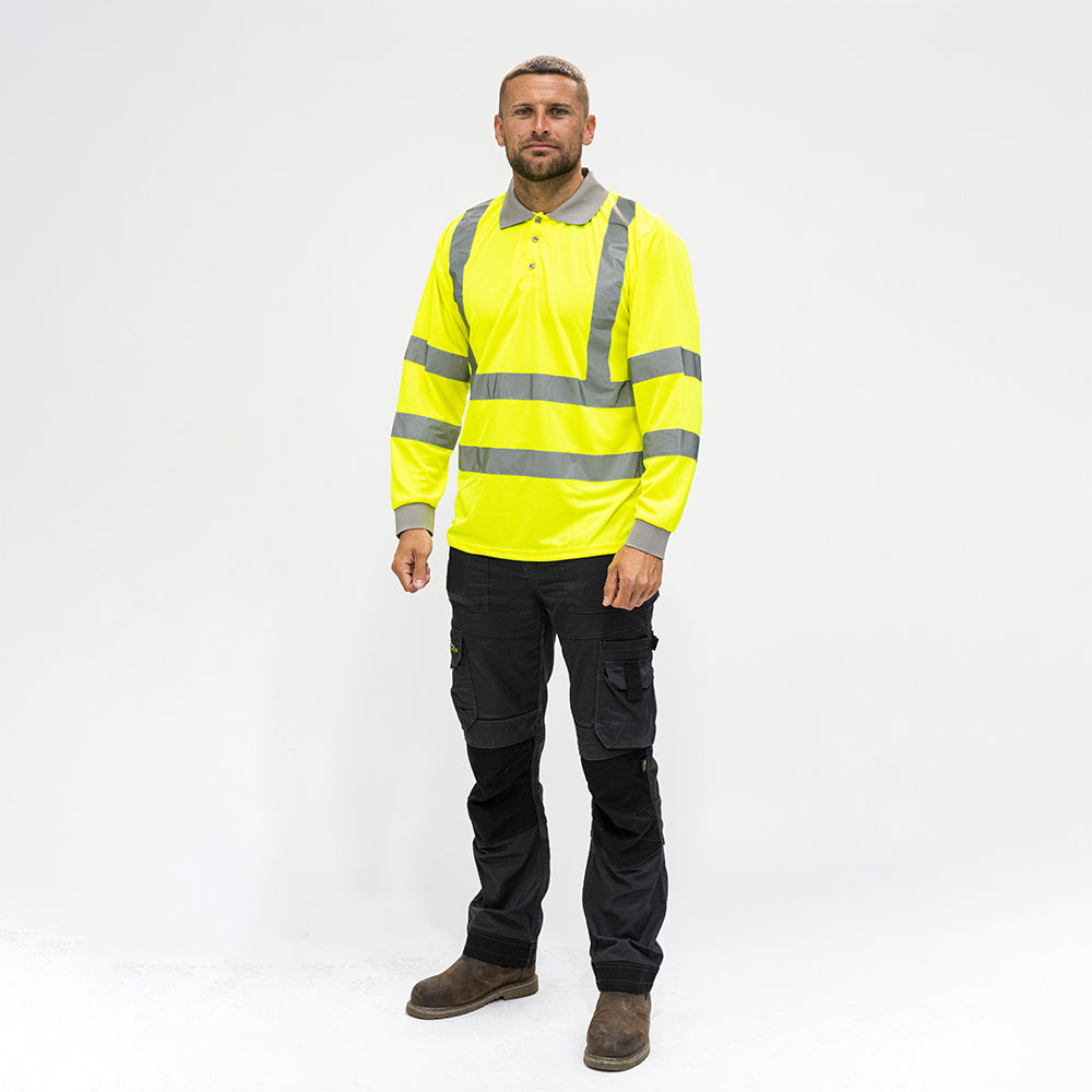 This is an image of Timco - Hi-Visibility Polo Shirt - Long Sleeve - Yellow XX Large (1 Each Bag) HVLSPXXL