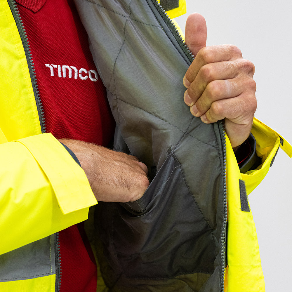 This is an image of Timco - Hi-Visibility Parka Jacket - Yellow XXXX Large (1 Each Bag) HVPJ4XL