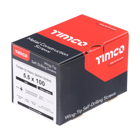 This is an image of Timco - Metal Construction Timber to Heavy Section Screws - Countersunk - Wing-Tip - Self-Drilling - Zinc 5.5 x 100mm - (100 PCS Box) HW100B