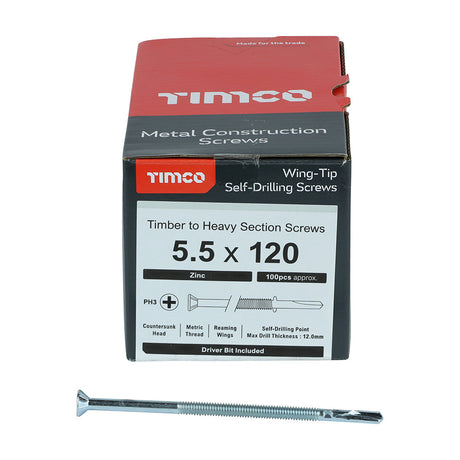 This is an image of Timco - Metal Construction Timber to Heavy Section Screws - Countersunk - Wing-Tip - Self-Drilling - Zinc 5.5 x 120mm - (100 PCS Box) HW120B