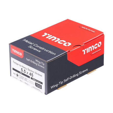 This is an image of Timco - Metal Construction Timber to Heavy Section Screws - Countersunk - Wing-Tip - Self-Drilling - Zinc 5.5 x 45mm - (200 PCS Box) HW45B