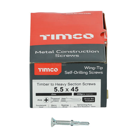 This is an image of Timco - Metal Construction Timber to Heavy Section Screws - Countersunk - Wing-Tip - Self-Drilling - Zinc 5.5 x 45mm - (200 PCS Box) HW45B
