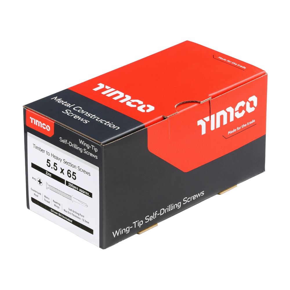 This is an image of Timco - Metal Construction Timber to Heavy Section Screws - Countersunk - Wing-Tip - Self-Drilling - Zinc 5.5 x 65mm - (200 PCS Box) HW65B