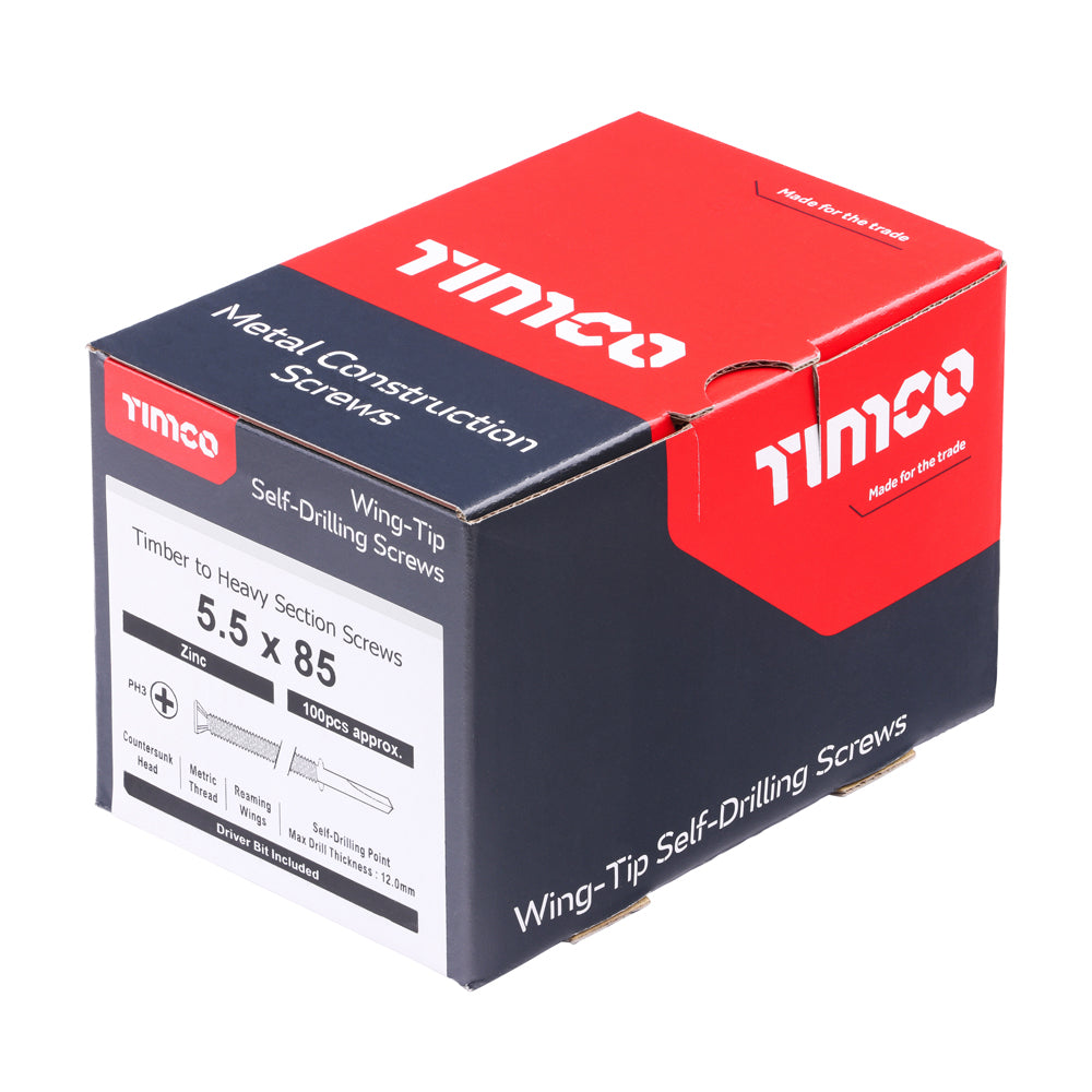 This is an image of Timco - Metal Construction Timber to Heavy Section Screws - Countersunk - Wing-Tip - Self-Drilling - Zinc 5.5 x 85mm - (100 PCS Box) HW85B