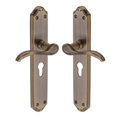 Heritage Brass - Door Handle for Euro Profile Plate Verona Long Design Antique Brass finish-mm825-at