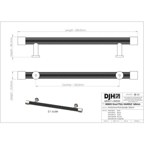 Finesse Immix Knurl Pull Handle - 160mm CC - Pewter/Stainless Steel