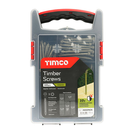 This is an image of Timco - Timber Screws - Hex - Exterior - Mixed Grab Pack - Green - (165 PCS Tray) INDGPACK