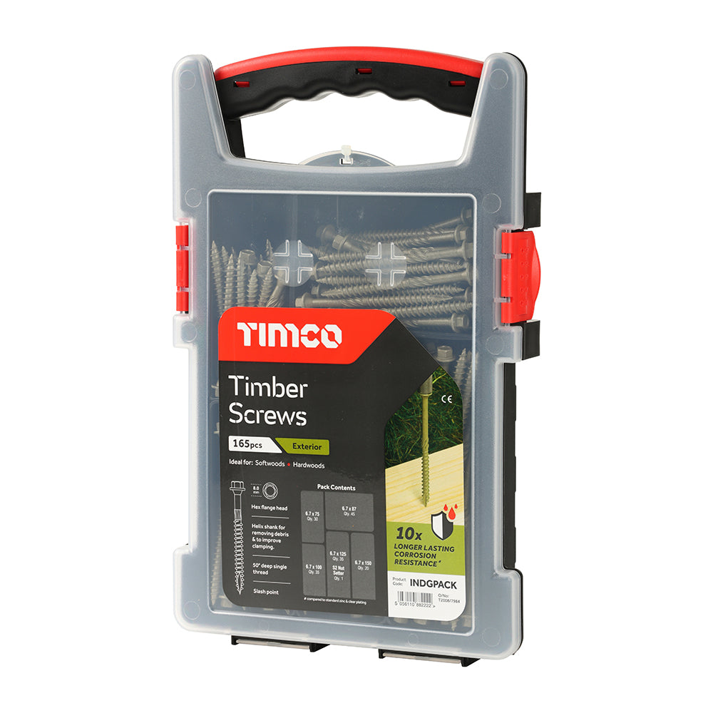 This is an image of Timco - Timber Screws - Hex - Exterior - Mixed Grab Pack - Green - (165 PCS Tray) INDGPACK