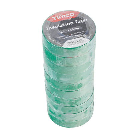 This is an image of Timco - PVC Insulation Tape - Green 25m x 18mm - (10 PCS Roll Pack) ITGREEN