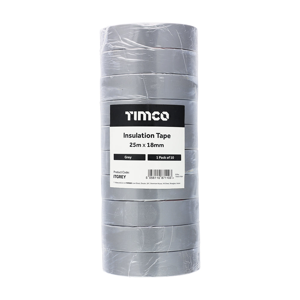 This is an image of Timco - PVC Insulation Tape - Grey 25m x 18mm (10 PCS Roll Pack) PCSITGREY