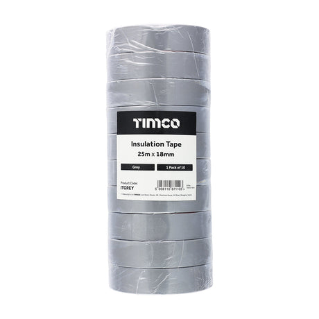 This is an image of Timco - PVC Insulation Tape - Grey 25m x 18mm (10 PCS Roll Pack) PCSITGREY