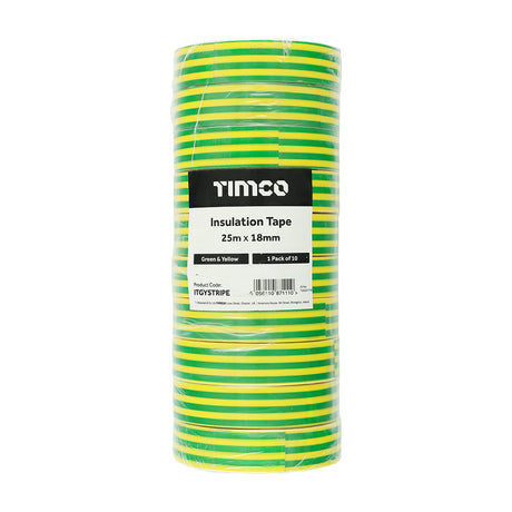 This is an image of Timco - PVC Insulation Tape - Green & Yellow Stripe 25m x 18mm (10 PCS Roll Pack) PCSITGYSTRIPE