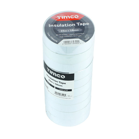 This is an image of Timco - PVC Insulation Tape - White 25m x 18mm (10 PCS Roll Pack) PCSITWHITE