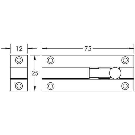 Technical drawing of of Frelan - Jedo Brass Straight Barrel Bolts 75x25mm Polished Chrome Sku. J1001CD