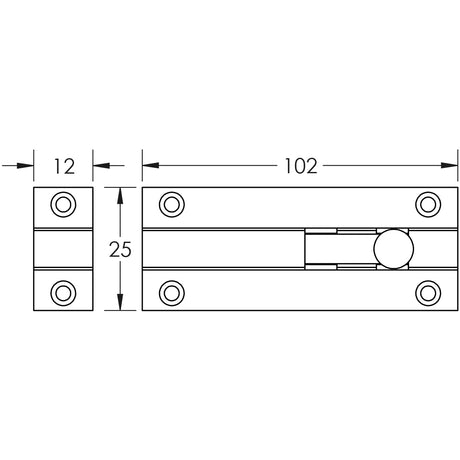 Technical drawing of of Frelan - Jedo Brass Straight Barrel Bolts 102x25mm Polished Chrome Sku. J1001CE