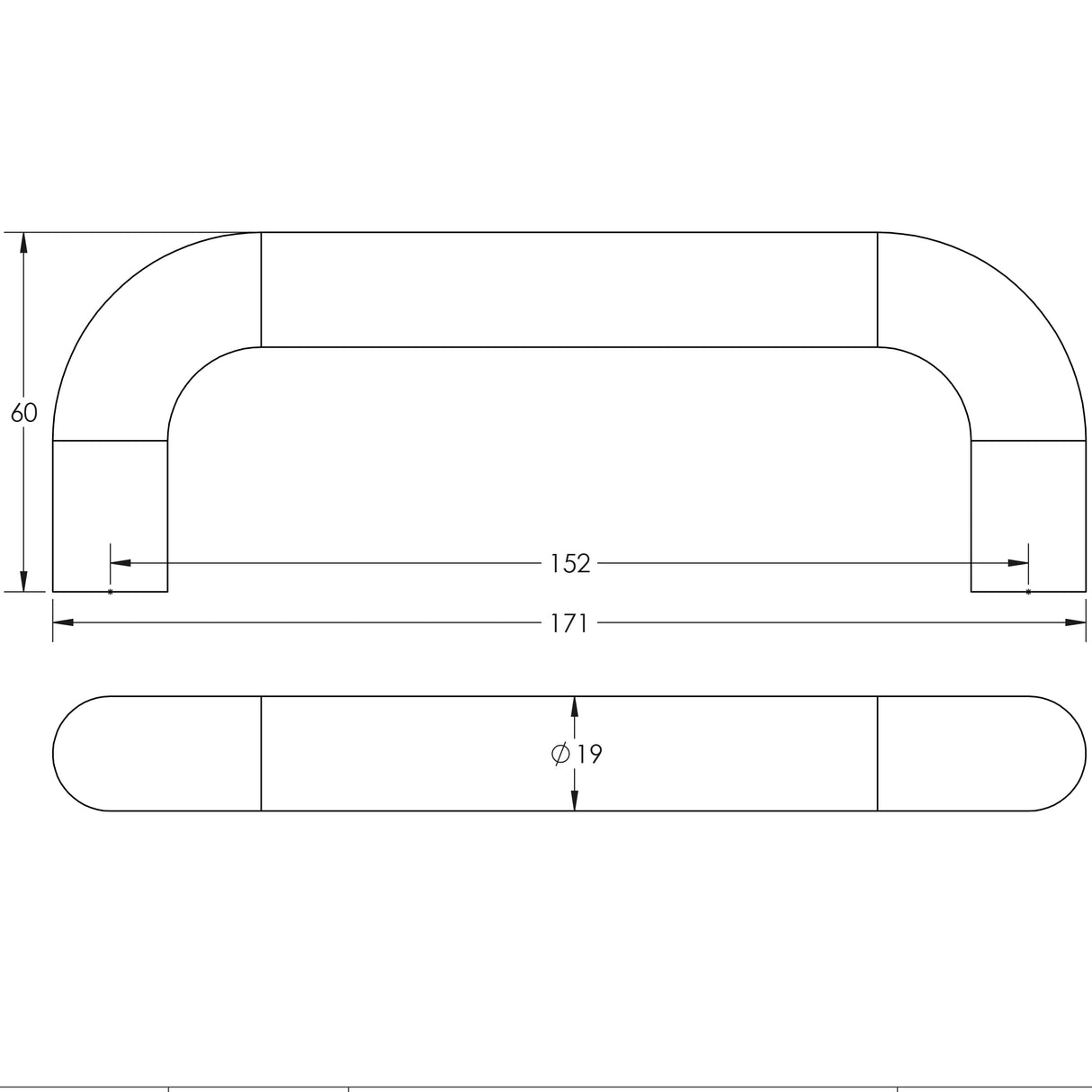 Technical drawing of of Frelan - Aluminium 19mm D Shape Pull Handle Bolt Through Fixing SAA Finish 152x19mm Satin Anodised Aluminium Sku. J1049