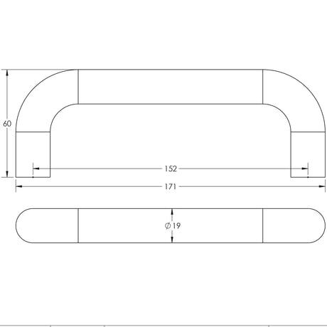 Technical drawing of of Frelan - Aluminium 19mm D Shape Pull Handle Bolt Through Fixing SAA Finish 152x19mm Satin Anodised Aluminium Sku. J1049