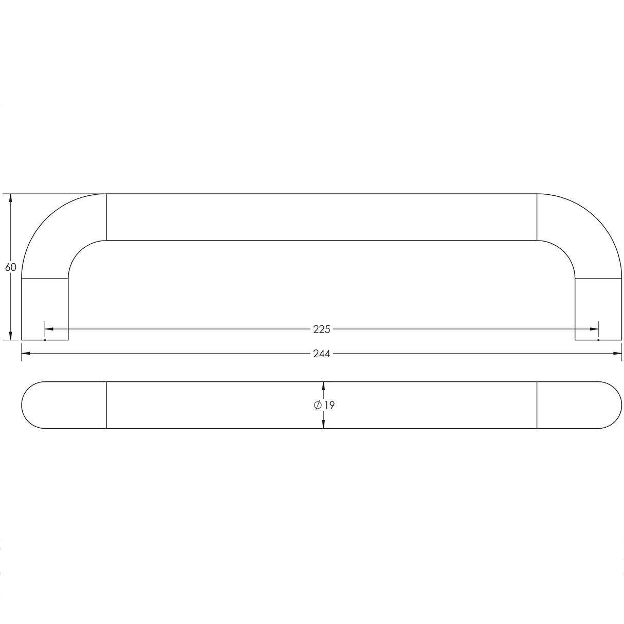 Technical drawing of of Frelan - Aluminium 19mm D Shape Pull Handle Bolt Through Fixing SAA Finish 225x19mm Satin Anodised Aluminium Sku. J1050