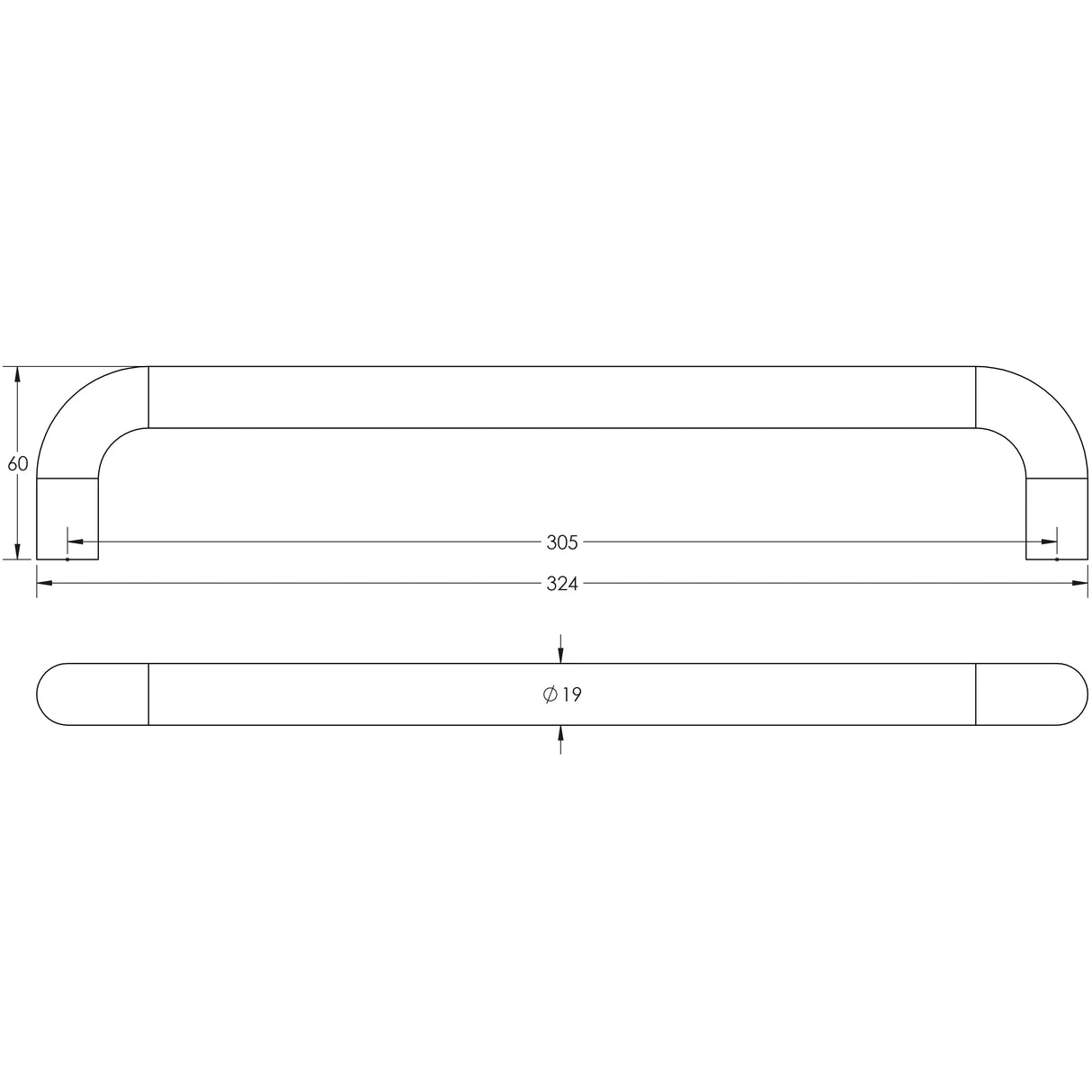 Technical drawing of of Frelan - Aluminium 19mm D Shape Pull Handle Bolt Through Fixing SAA Finish 305x19mm Satin Anodised Aluminium Sku. J1051