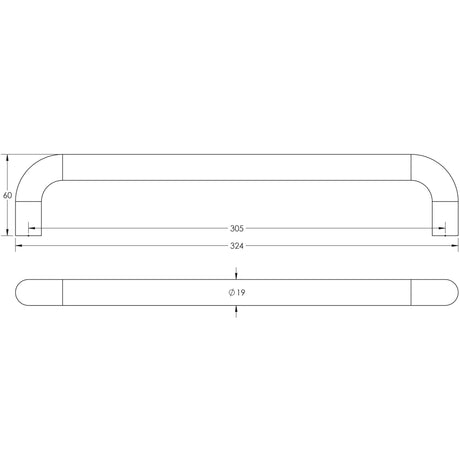 Technical drawing of of Frelan - Aluminium 19mm D Shape Pull Handle Bolt Through Fixing SAA Finish 305x19mm Satin Anodised Aluminium Sku. J1051