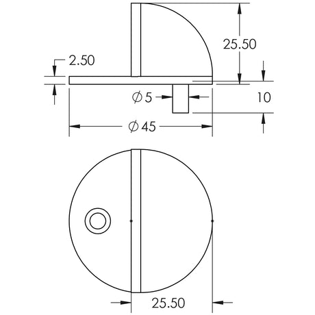 Technical drawing of of Frelan - Aluminium Floor Mounted Doorstops 50x40mm Satin Anodised Aluminium Sku. J1185