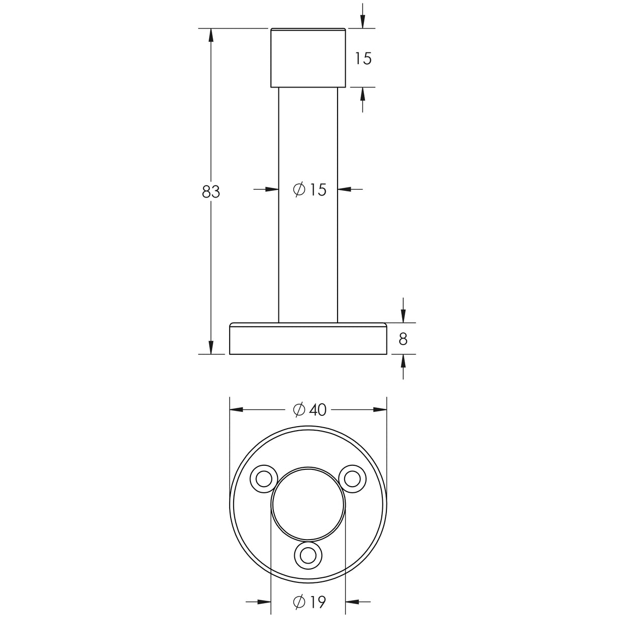 Technical drawing of of Frelan - Aluminium Wall Mounted Doorstop 76mm Satin Anodised Aluminium Sku. J1280