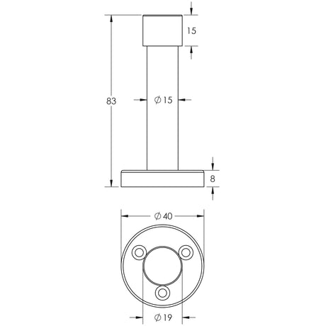 Technical drawing of of Frelan - Aluminium Wall Mounted Doorstop 76mm Satin Anodised Aluminium Sku. J1280