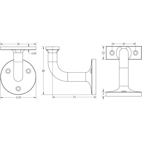 Technical drawing of of Frelan - Aluminium Hand Rail Brackets 63mm Satin Anodised Aluminium Sku. J1413A