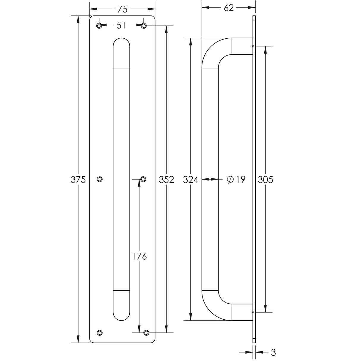 Technical drawing of of Frelan - Aluminium Pull Handles w/ Plate 375x75mm Satin Anodised Aluminium Sku. J1602