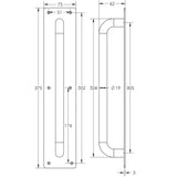 Technical drawing of of Frelan - Aluminium Pull Handles w/ Plate 375x75mm Satin Anodised Aluminium Sku. J1602